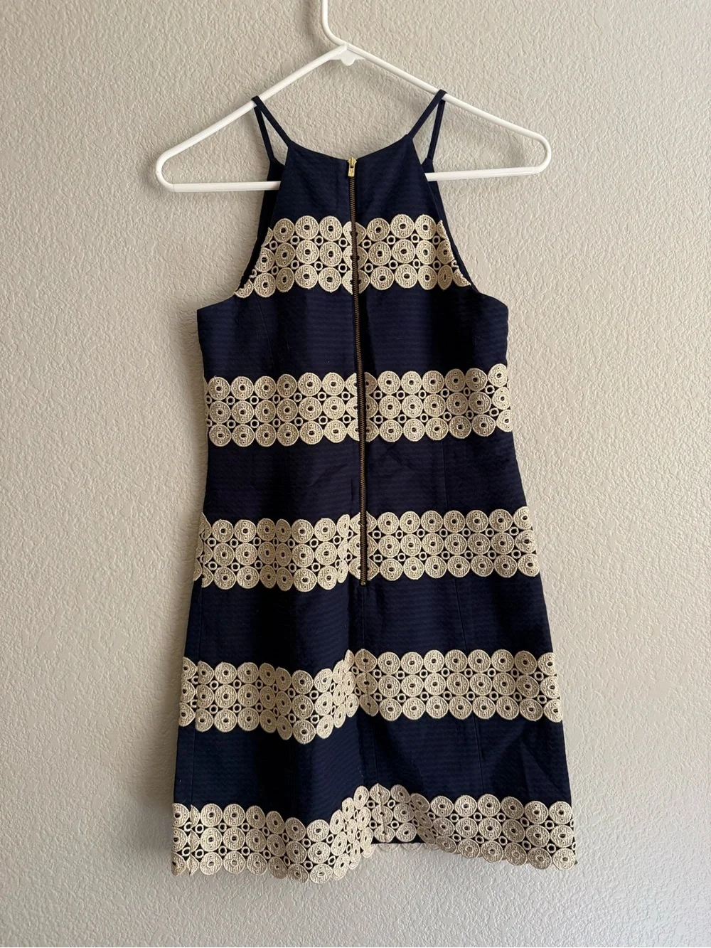 Lilly Pulitzer Navy and Cream Striped Crochet-Trim Halter Mini Dress